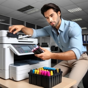 Voici un homme en train de changer l'encre d'un photocopieur 